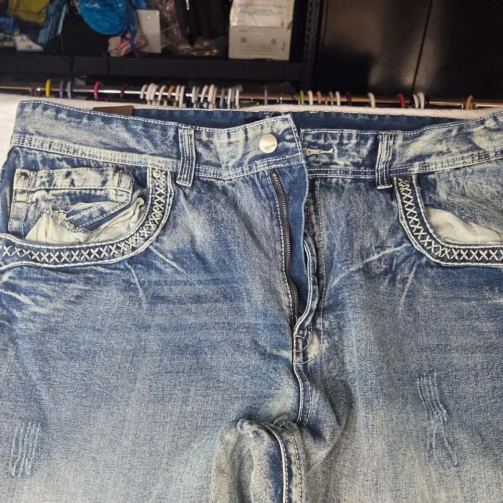 GS115 Bleeker Slim Fit Jeans Men's Size 46 Light Wash Distressed Denim